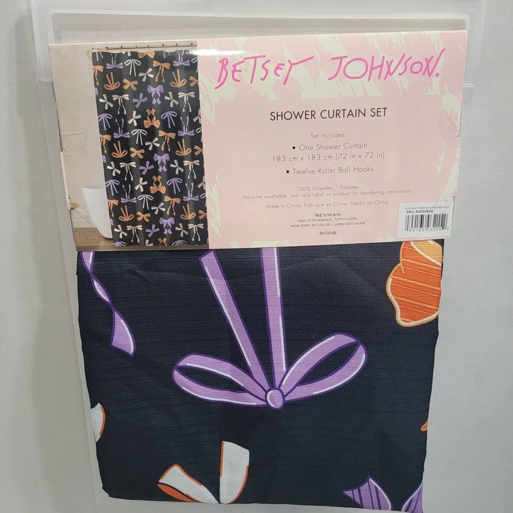 NEW Betsey Johnson Fabric SHOWER CURTAIN Wit HOOKS 72x72 Black Colorful Bows AOP